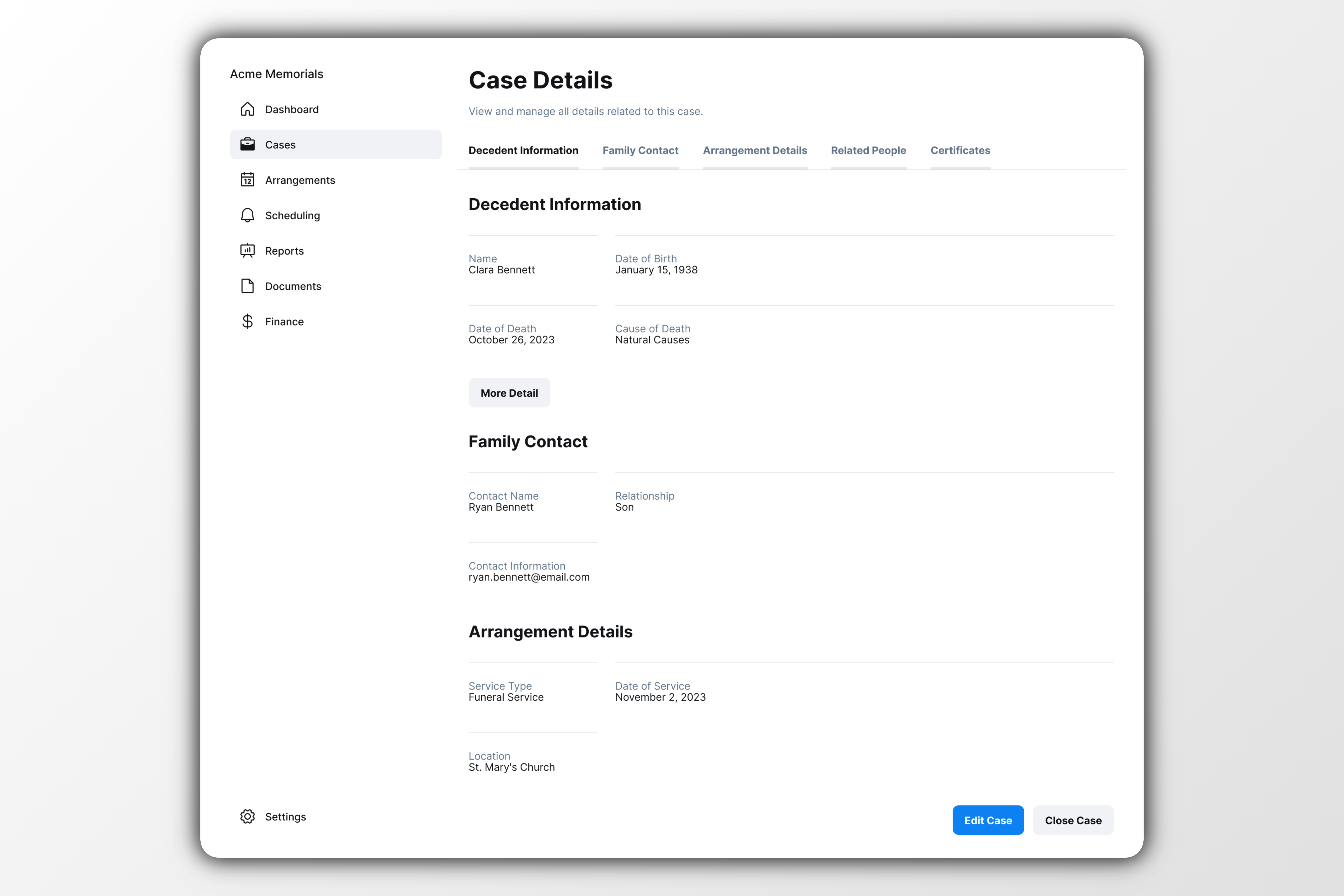 WellDeparted case management interface